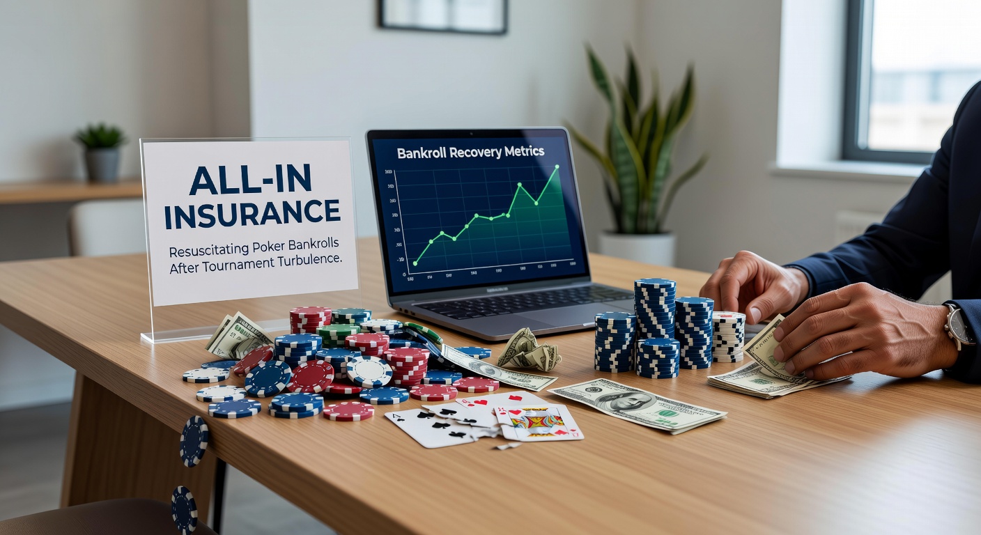 Poker player at a tournament table contemplating an all-in decision with chips stacked high, illustrating the high-stakes moment where insurance becomes crucial