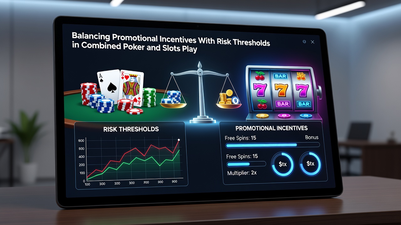 Player reviewing digital dashboard displaying poker and slots risk thresholds side by side