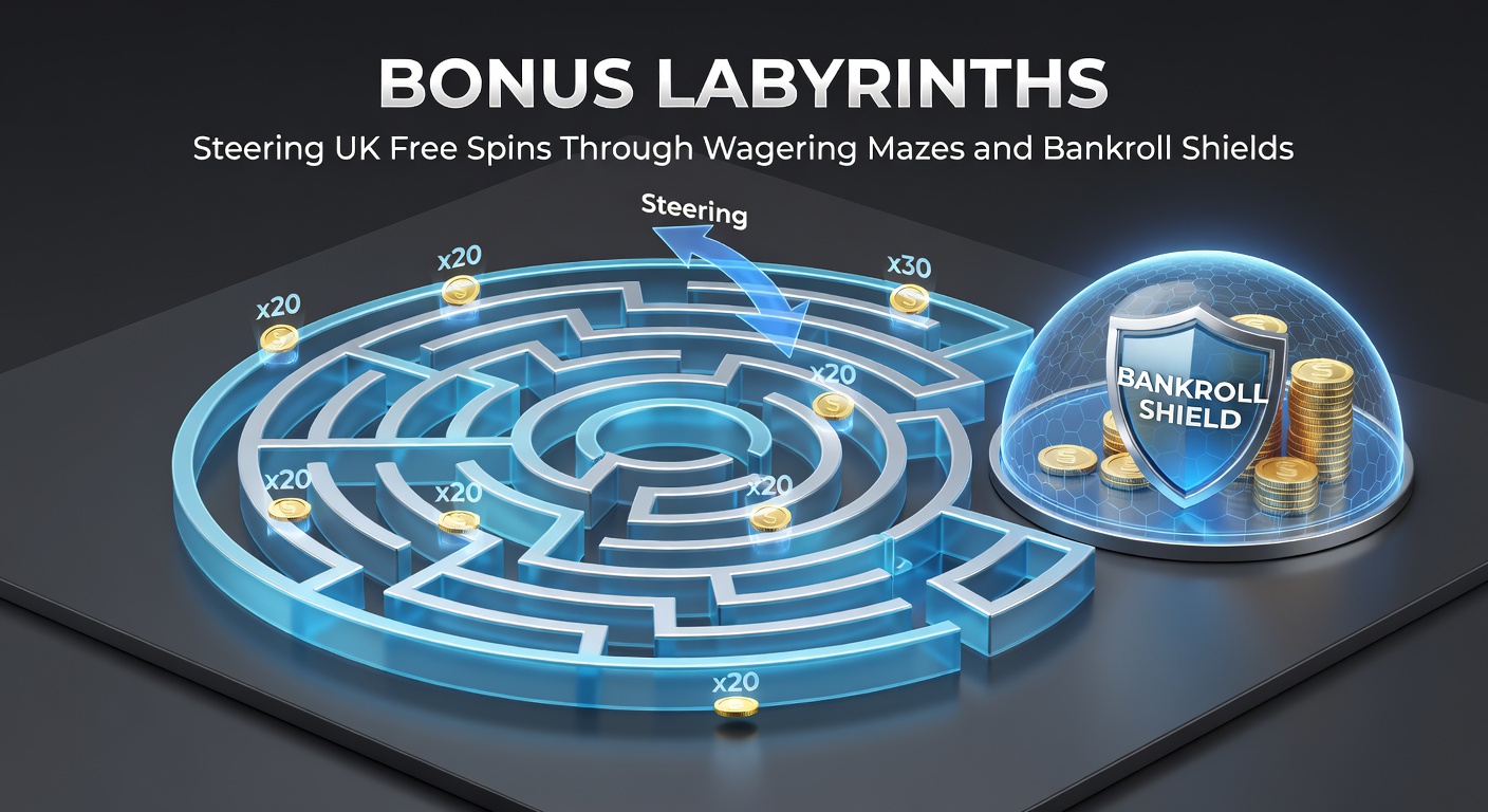 Illustration of a complex maze representing wagering requirements in online casino bonuses, with paths leading to free spins symbols and shielded bankrolls