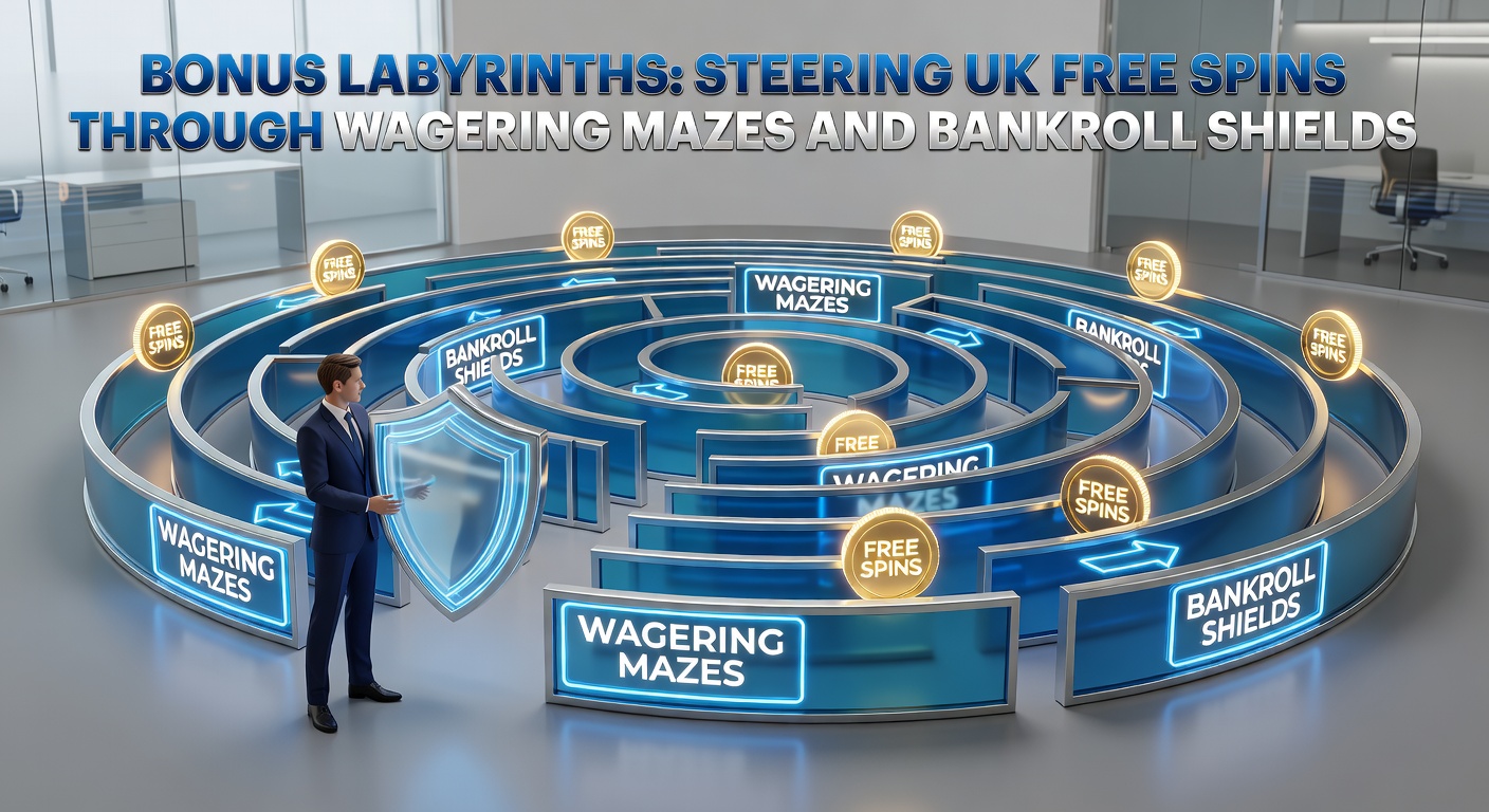 Graphic showing bankroll protection shields around a slot machine, with arrows illustrating wagering progress through maze-like barriers and free spins icons