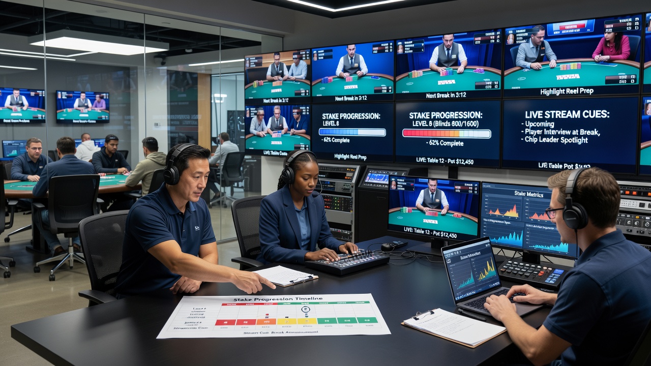 Split-screen view of live poker streams with overlaid stake progression indicators