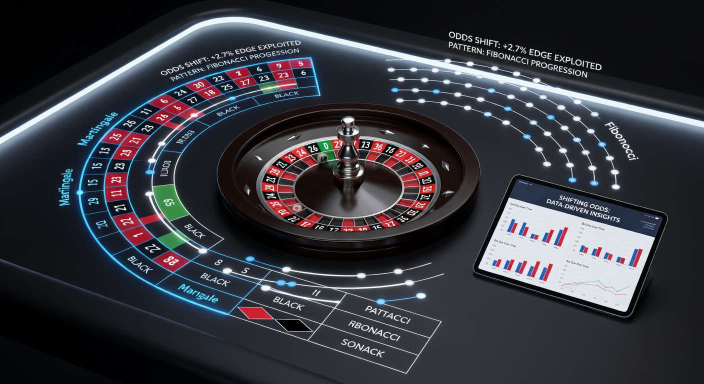 Close-up of a roulette betting table showing progressive chip stacks in a Martingale pattern, ball poised on the wheel in the background