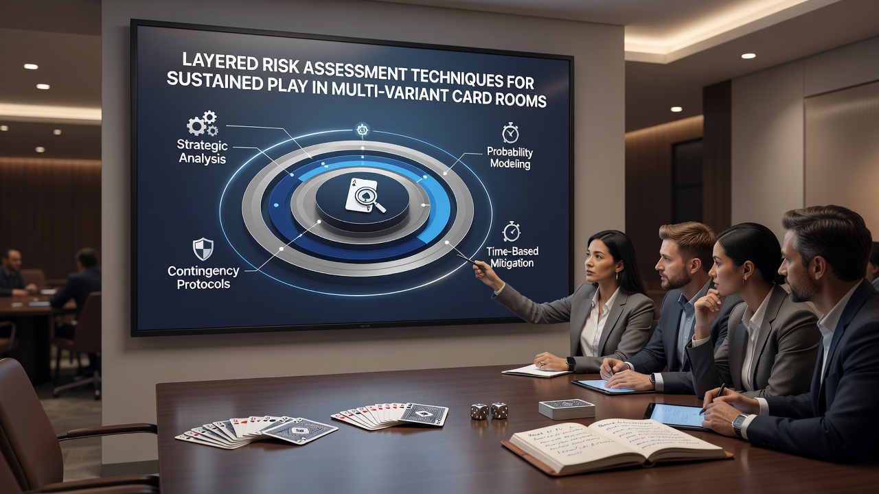 Players at multiple card tables applying risk assessment strategies in a busy multi-variant card room
