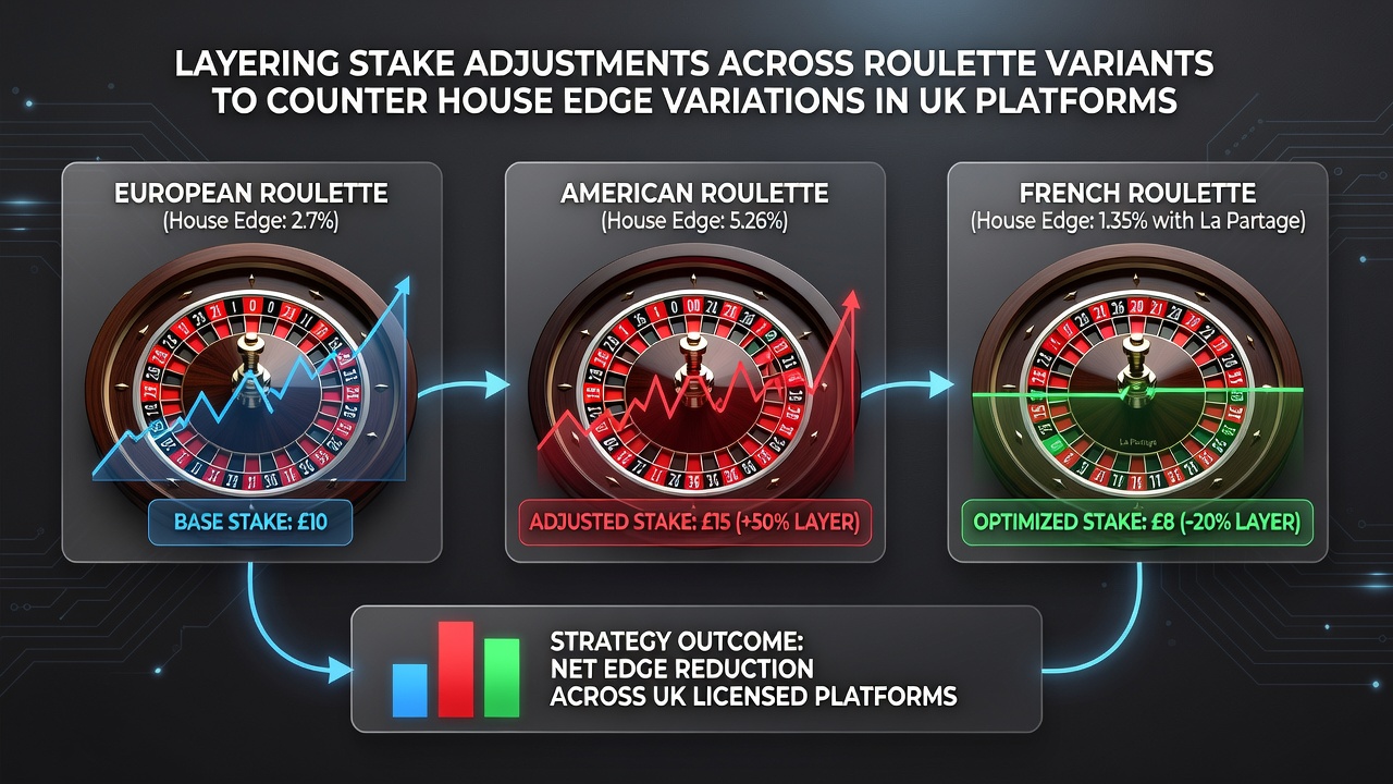 Chart displaying house edge percentages for different roulette variants with stake layering examples overlaid