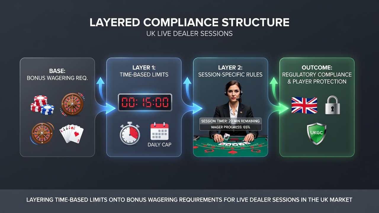 Split screen view of live dealer interface with countdown timer and bonus progress tracker