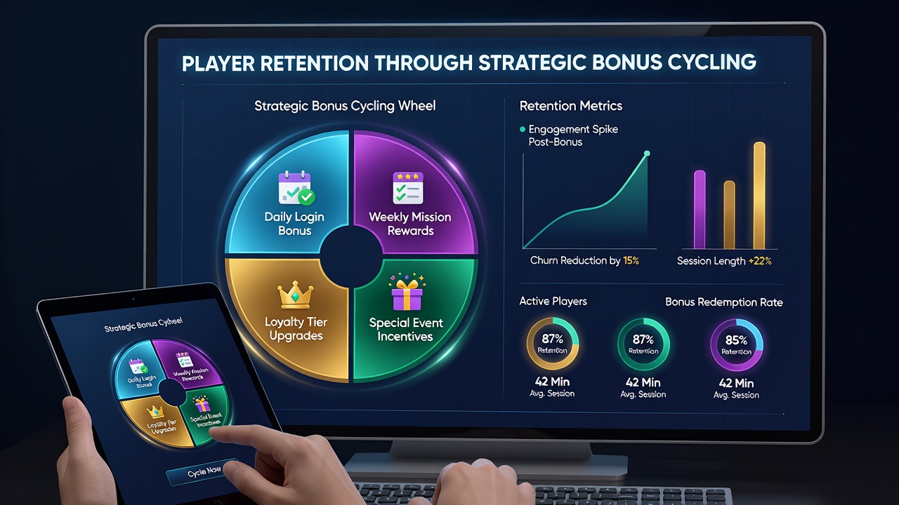 Data dashboard from a licensed online card room displaying bonus cycle progression and retention statistics
