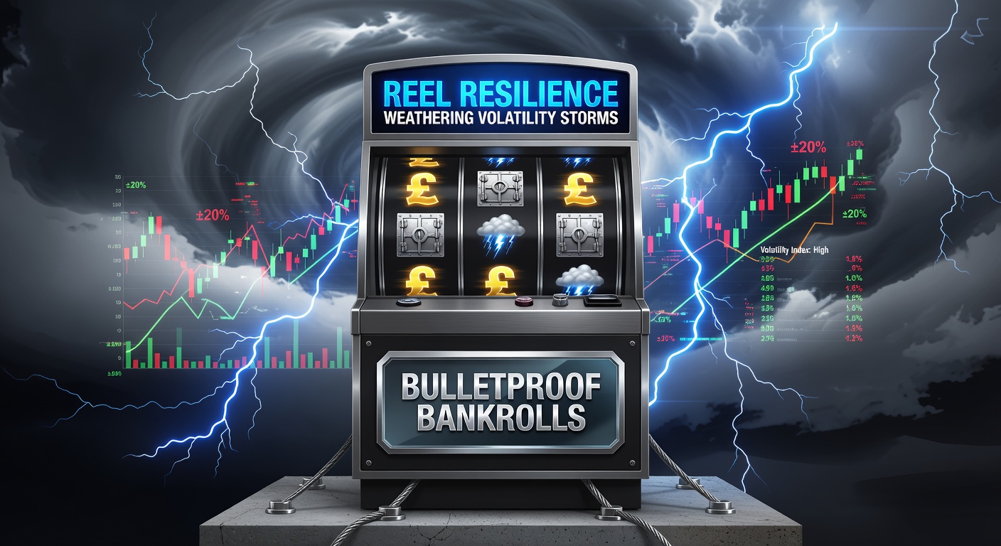 Dynamic slot reels amidst turbulent storm clouds symbolizing volatility challenges in online gaming