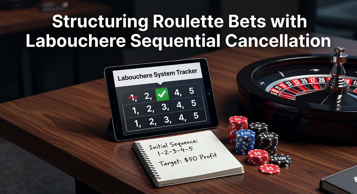 Visual breakdown of a Labouchere betting sequence applied to a roulette wheel, showing numbers crossing out step by step