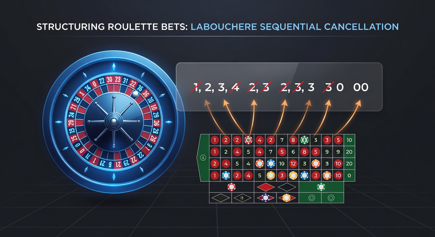 Roulette bet progression chart illustrating Labouchere sequence evolution, with wins in green and losses in red leading to cancellation or extension