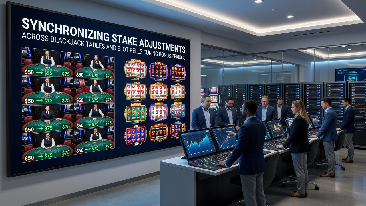 Close-up of synchronized digital interfaces displaying stake levels on blackjack and slot game terminals