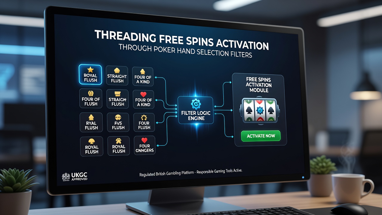 Close-up view of a poker table interface showing hand filters linked to free spin counters in a UK online casino setting