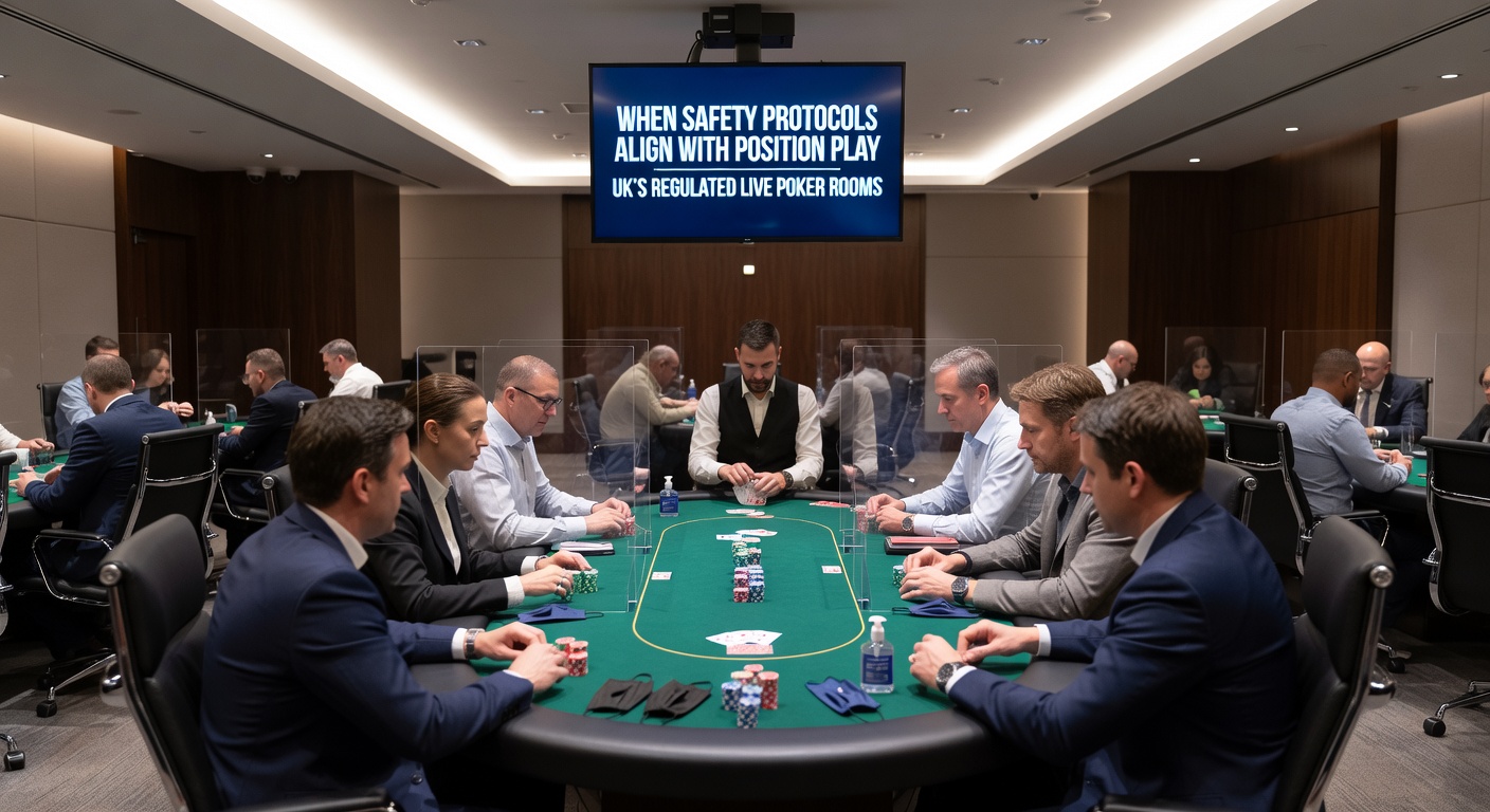 Live poker room with safety protocols in place including spaced seating and hygiene stations