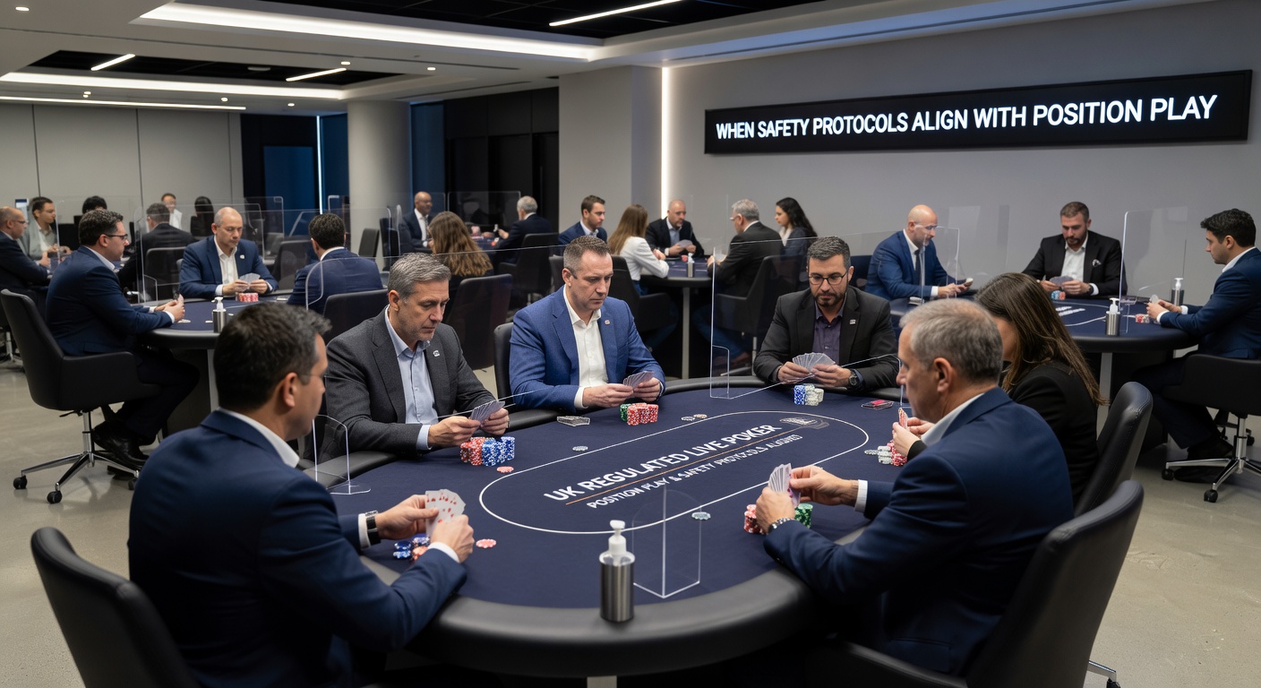 Poker players maintaining distance at a regulated table with visible safety barriers and sanitization supplies